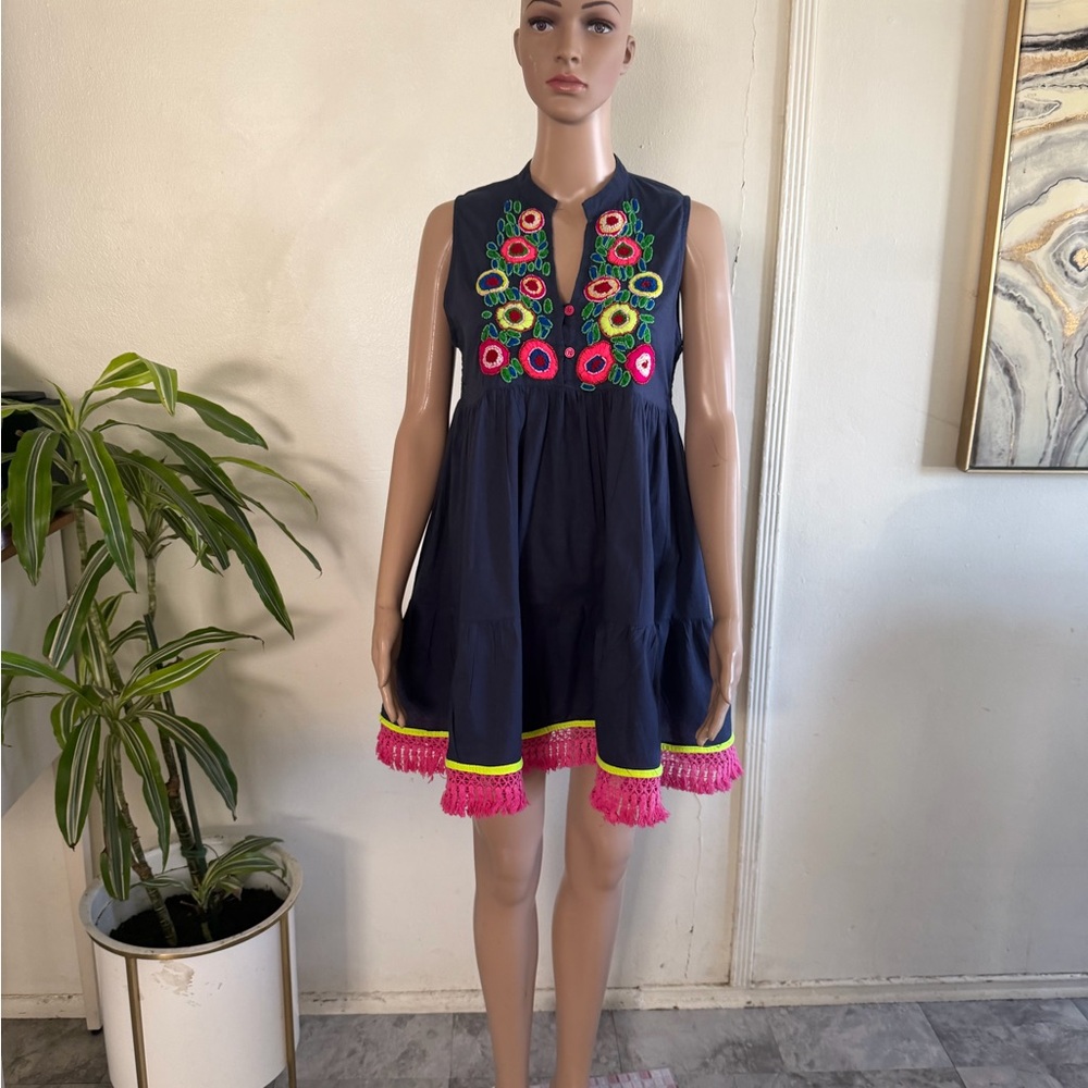 Velzera Navy Dress with Colorful Embroidery